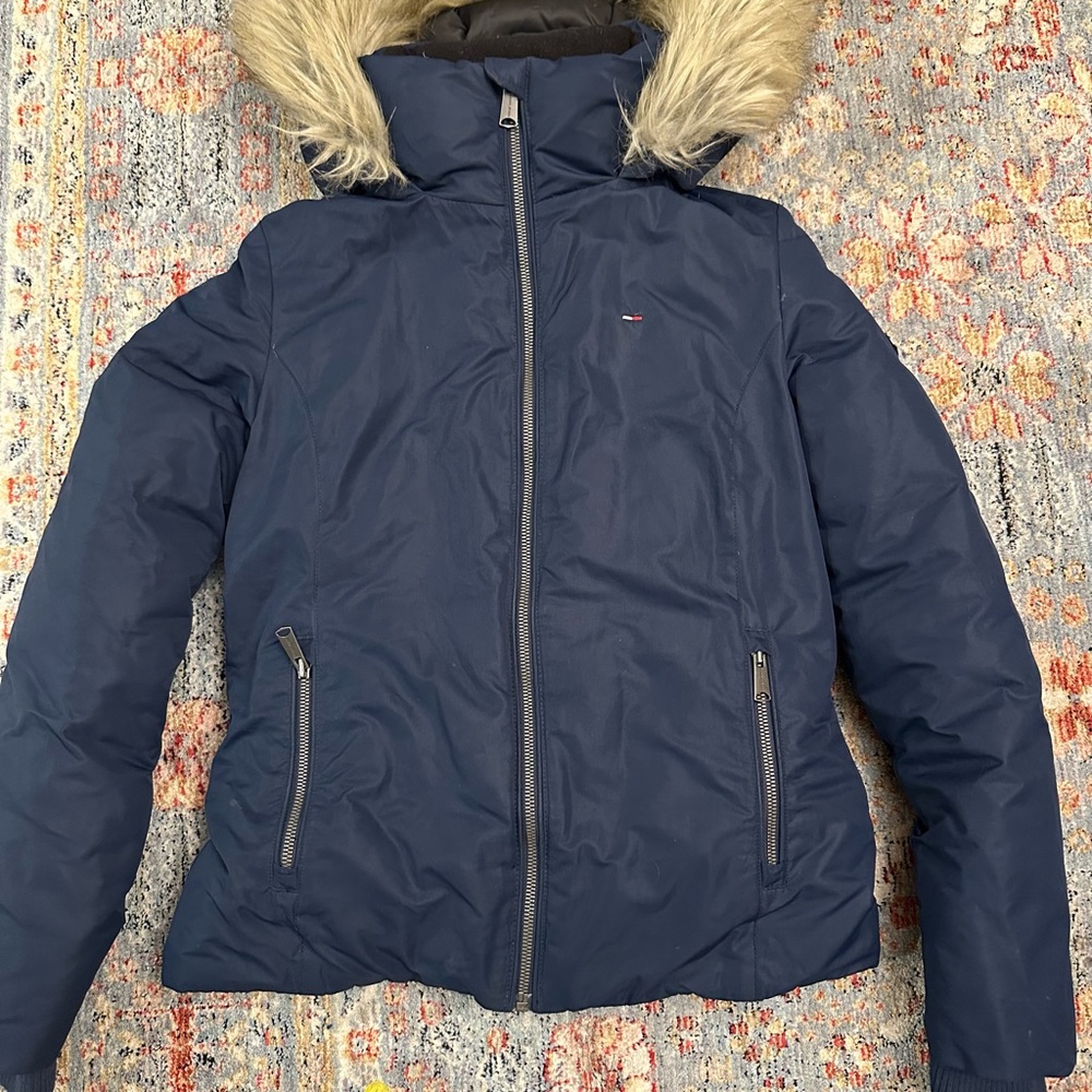 Tommy Hilfiger Navy Puffer Jacket with Faux Fur Hood